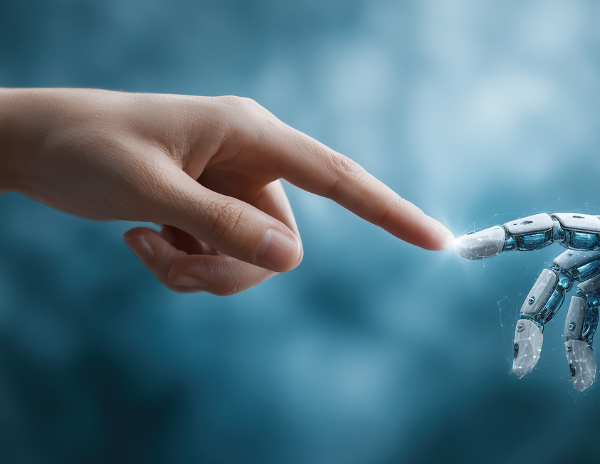 Mano umana che collabora con mano dell'intelligenza artificiale