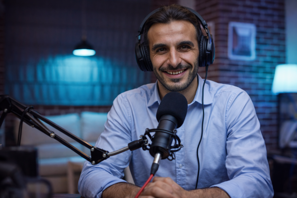 Foto di Luca Nuvole durante un podcast